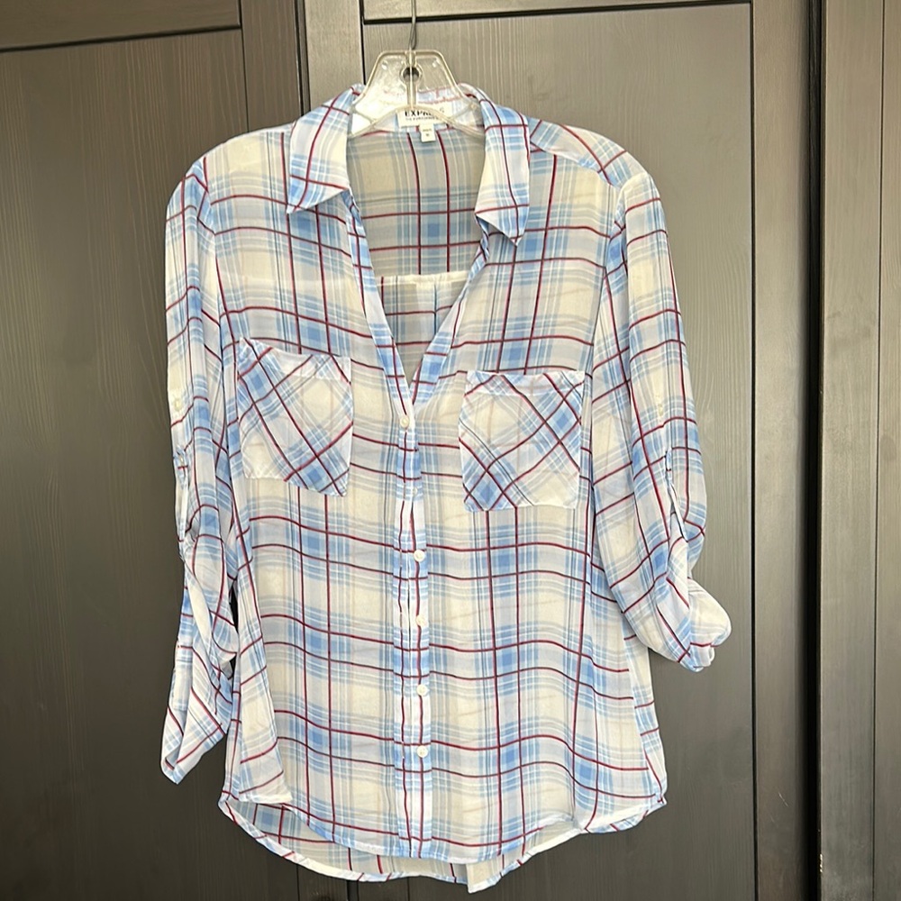 Express Light Blue and White Plaid Button-Down Shirt